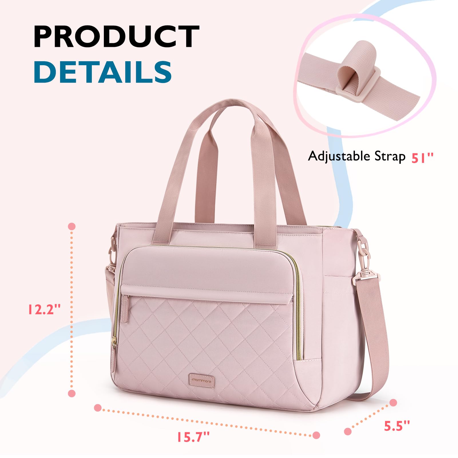 Mommore Lightweight Diaper Bag Tote with Insulated Pockets & Stroller Straps - Small Baby Bag for Nursing, Gym & Travel - Perfect for Busy Moms On-The-Go