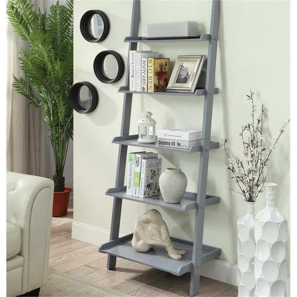 Pemberly Row 5-Shelf Ladder Bookcase - Gray Solid Wood Finish - Perfect for Living Room, Bedroom & Home Office Storage