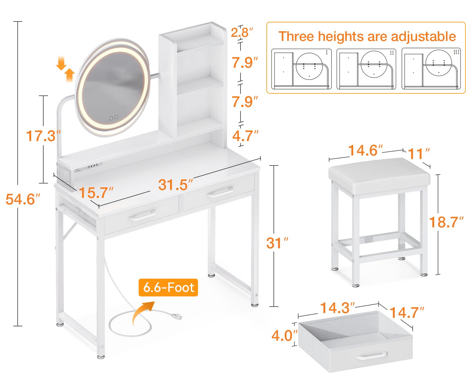 AODK 32 Inch Vanity Desk with Mirror and LED Lights, White Makeup Vanity Set with Fabric Drawers & Matching Chair - Perfect for Bedroom, Dressing Room or Small Space Makeup Station