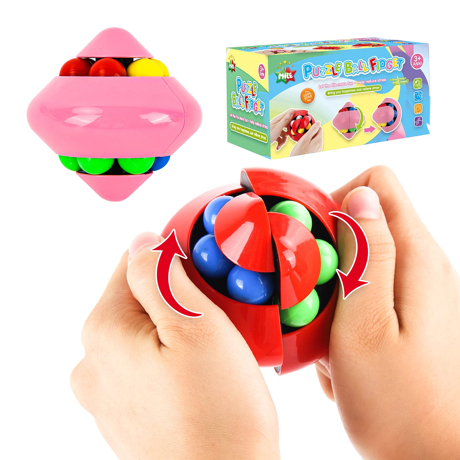 MILESTAR Magic Cube Block Sensory Puzzle Toy - Fidget Cube for Stress Relief & Anxiety, Rotating Magic Bean Puzzle Game for Kids & Adults - Perfect for ADHD, Autism, Office & Classroom Use (Red, Pink)