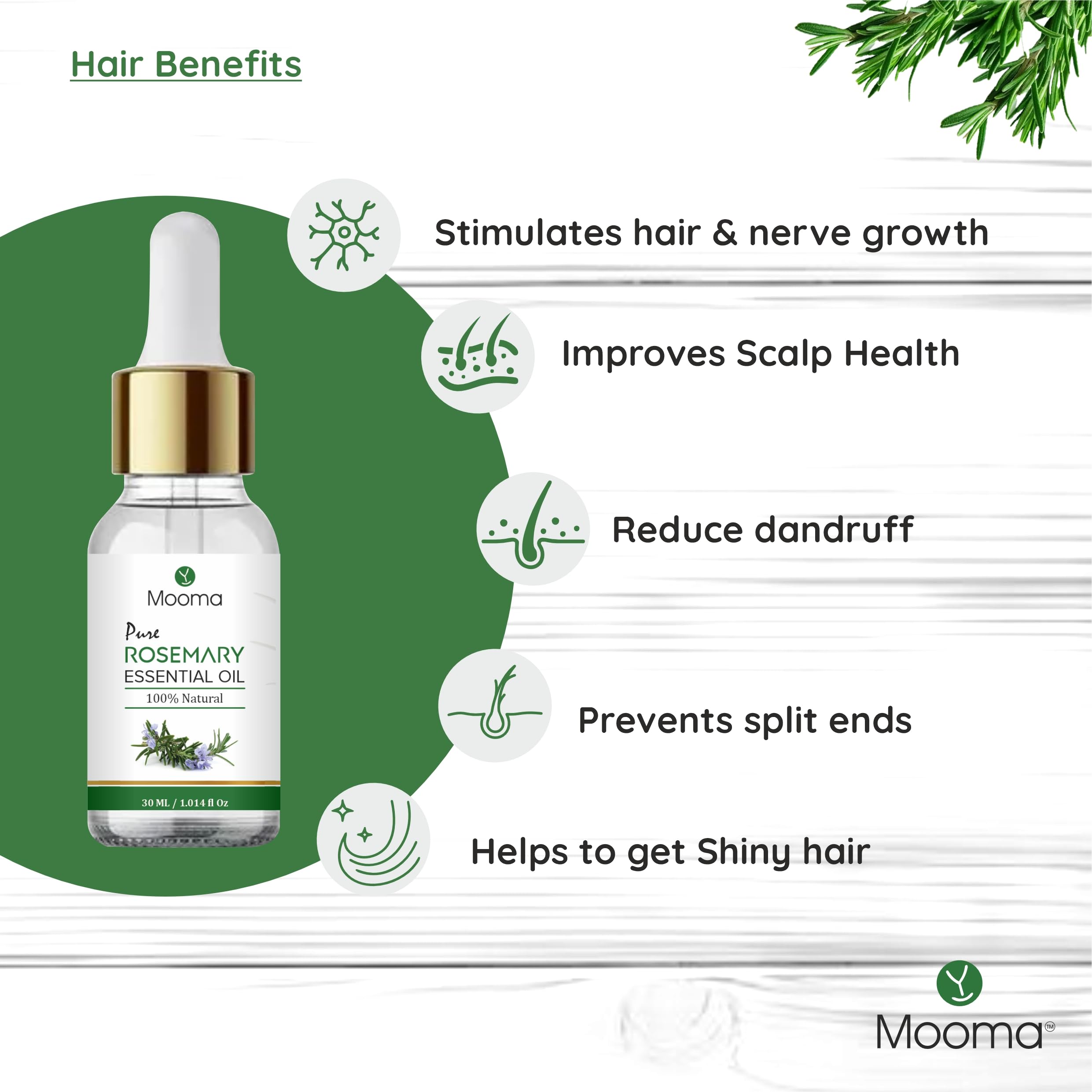 MOOMA Pure Rosemary Essential Oil for Hair Growth, Shine & Nourishment | Facial Treatment for Toned, Balanced & Rejuvenated Skin | 30ML | Perfect for Aromatherapy, DIY Hair Care & Skin Care Routines