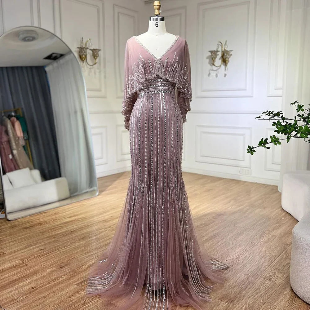 Elegant Turquoise Mermaid Evening Gown with Beaded Cape - Luxury Dubai Style Wedding Dress for Women | Perfect for 2025 Weddings, Formal Parties & Red Carpet Events