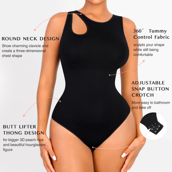 FeelinGirl Women's Tummy Control Bodysuit - Slimming Seamless Thong Body Shaper with Cut Out Design | Perfect for Shapewear, Layering Under Clothes, and Special Occasions