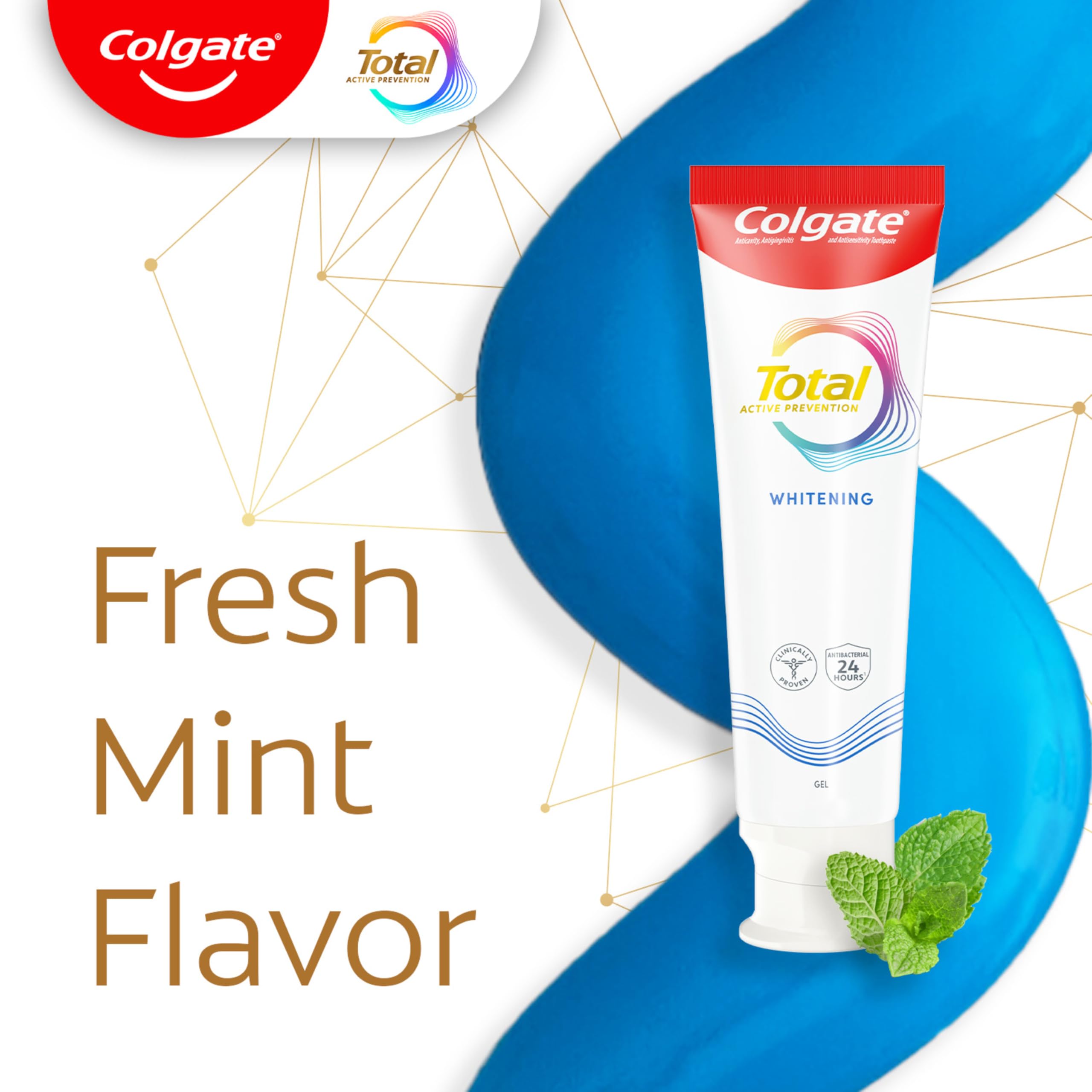 Colgate Total Whitening Toothpaste Gel - 10 Benefits for Fresh Breath, Teeth Whitening & Sensitivity Relief (Mint Flavor, 4 Pack, 5.1 Oz Tubes) | Perfect for Daily Oral Care & Travel Essentials