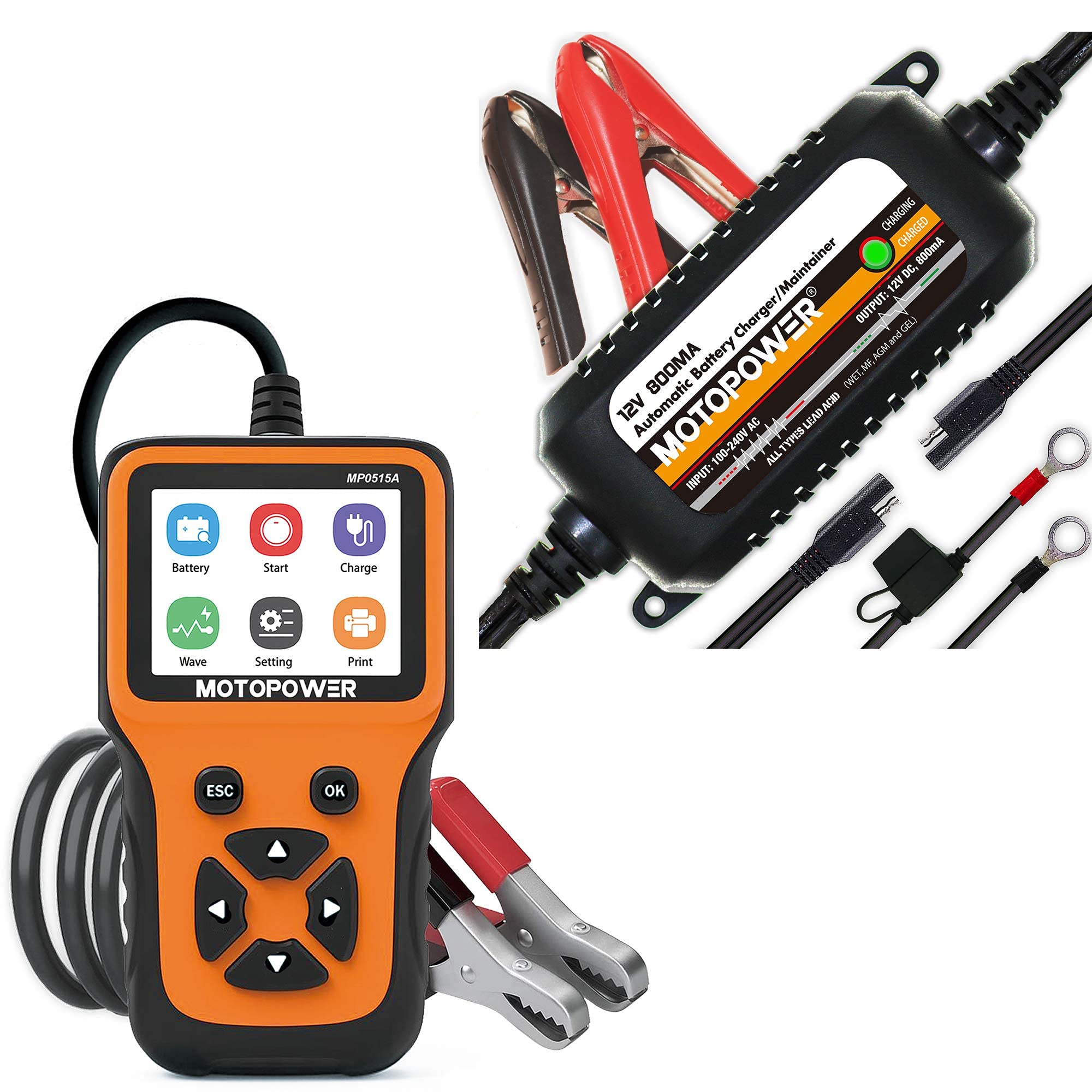 MOTOPOWER MP0515A 12V Car Battery Load Tester with MP00205C 12V 800mA Battery Charger Maintainer - Automotive Battery Testing & Charging Kit for Cars, Trucks, SUVs & Motorcycles