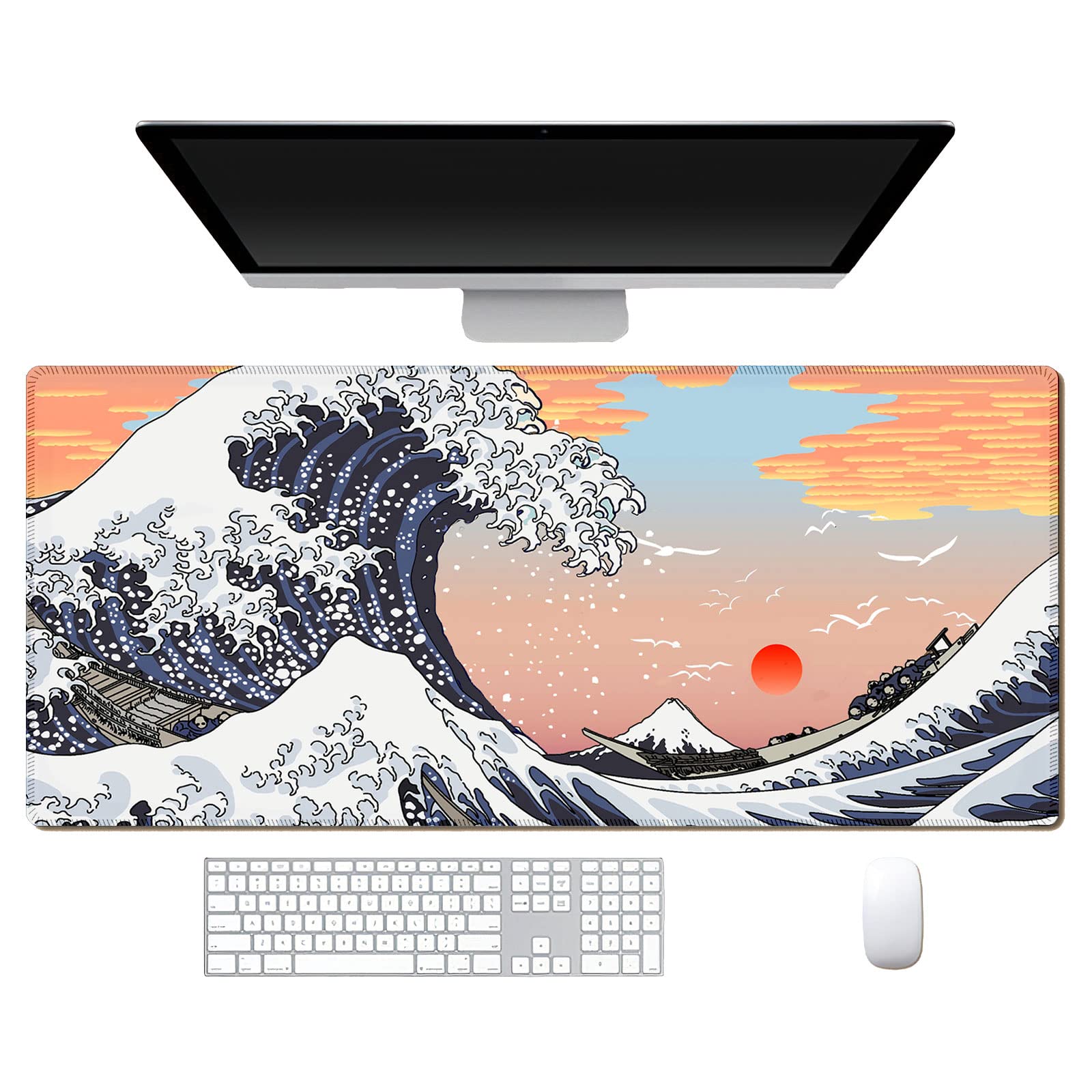 Japanese Wave Pink XL Gaming Mouse Pad - Waterproof, Non-Slip for PC Gamers (31.5x11.8