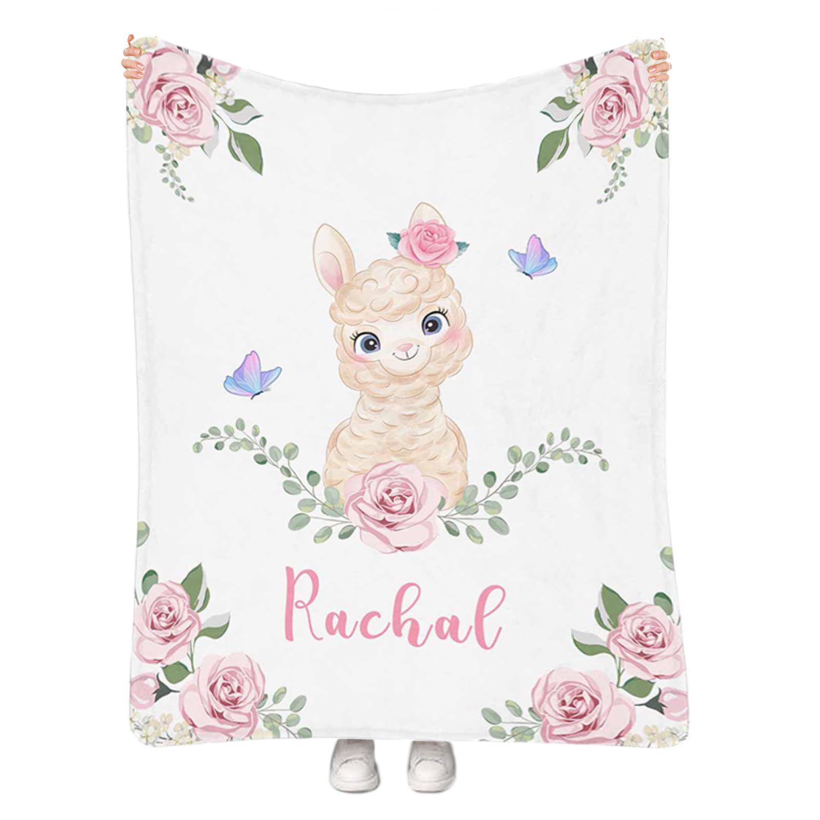 Personalized Baby Blanket for Girls with Name - Custom Alpaca Print Fleece Throw Blanket - 30
