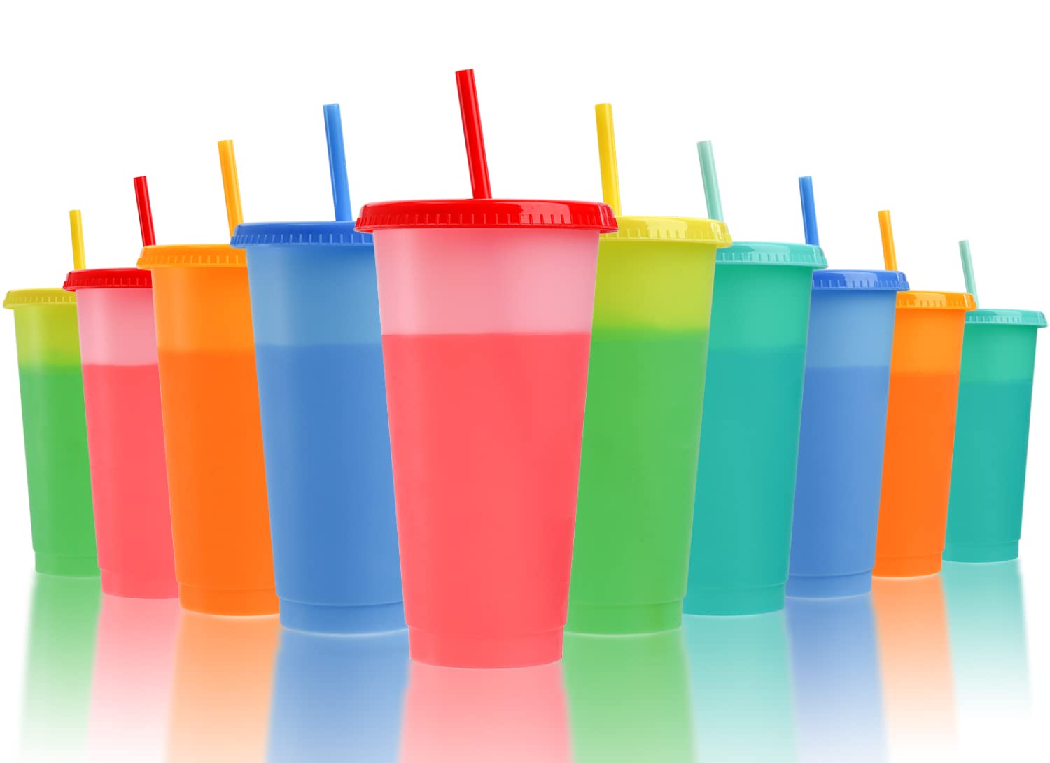 Lyellfe 10 Pack 24oz Color Changing Plastic Cups with Lids & Straws - Leakproof Insulated Tumblers for Cold Drinks, Multicolor Party Cups for Women Adults - Perfect for Summer BBQs, Pool Parties & Outdoor Gatherings