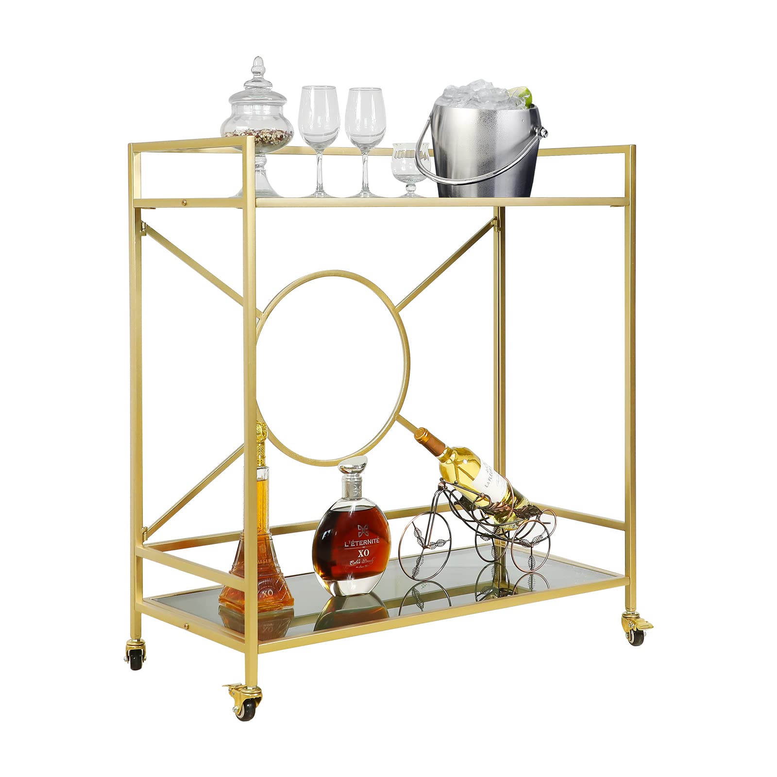 Palama Gold Bar Cart for Home - Easy Assembly with Only 4 Screws, 2-Tier Rolling Snack Cart with 2 Black Tempered Glass Shelves & Lockable Wheels - Perfect for Living Room, Kitchen, or Outdoor Entertaining