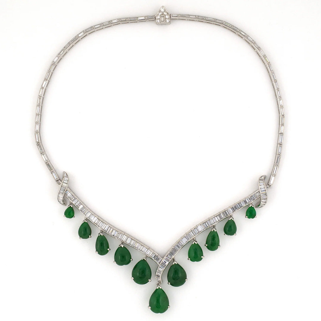 Exquisite Diamond & Jadeite Tapered 'V' Festoon Necklace - Elegant Statement Jewelry for Weddings, Parties & Special Occasions