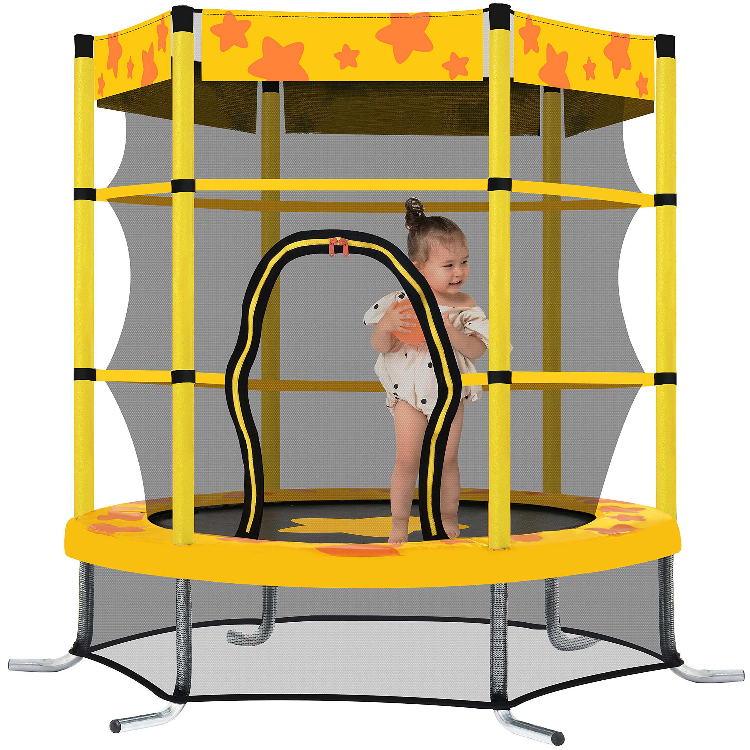 55 Inch Kids Trampoline with Safety Enclosure Net - Outdoor/Indoor Bounce Play with Water Sprinkler, 100lbs Weight Capacity (Yellow) | Perfect for Backyard Fun, Birthday Parties & Family Exercise
