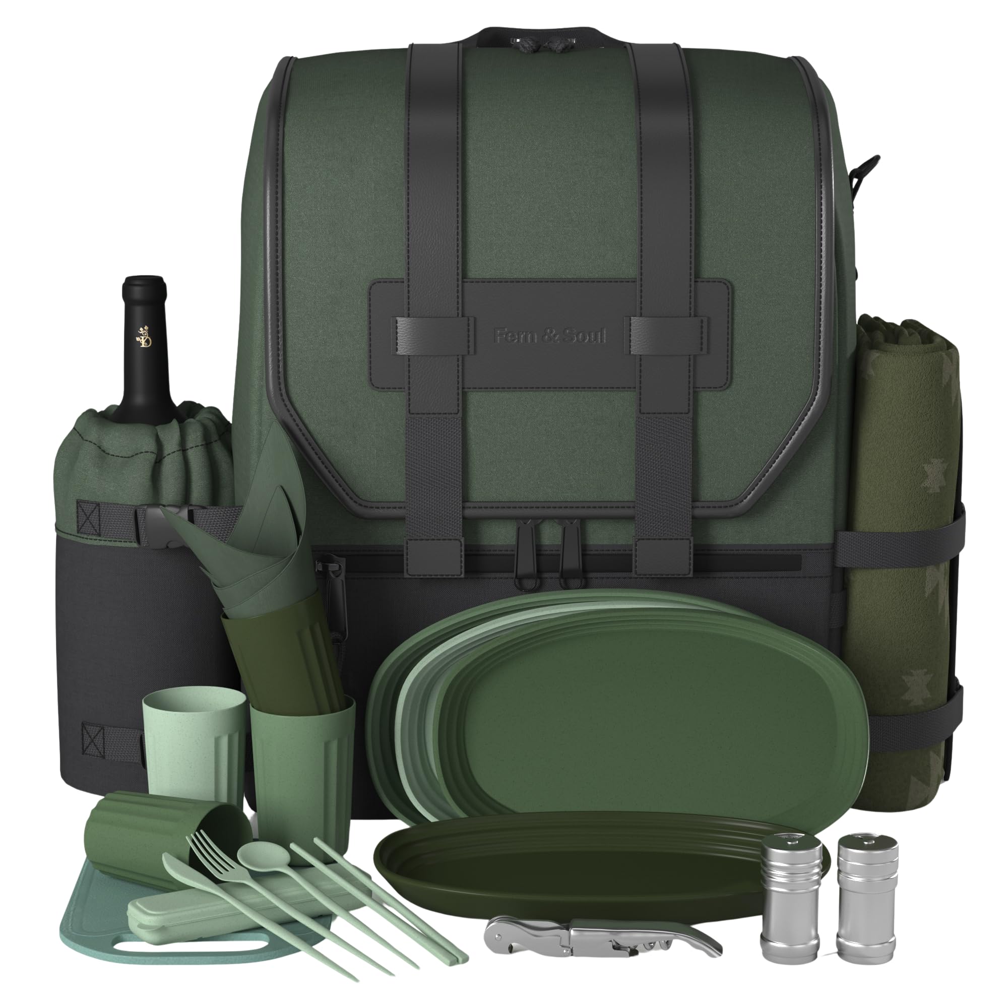 Premium Insulated Picnic Backpack for 2 or 4 People - Portable Picnic Basket Set with Blanket & Wine Pouch - Perfect for Couples Gifts, Outdoor Camping, Beach Picnics, Romantic Dates and Family Outings (Fern and Moss)