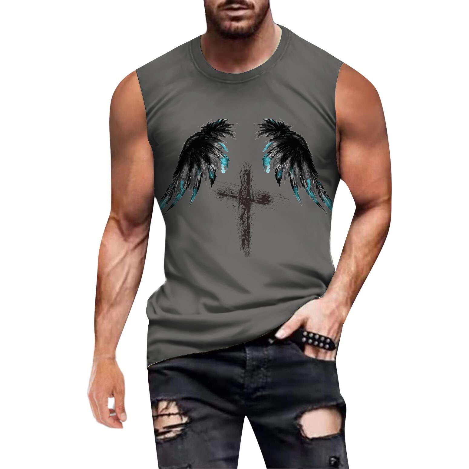 Big and Tall Men's Wicking Muscle Cross Print Sleeveless T-Shirts for Street Sports & Fitness | Summer Activewear for Large Men | Ideal for Gym, Running, and Outdoor Workouts