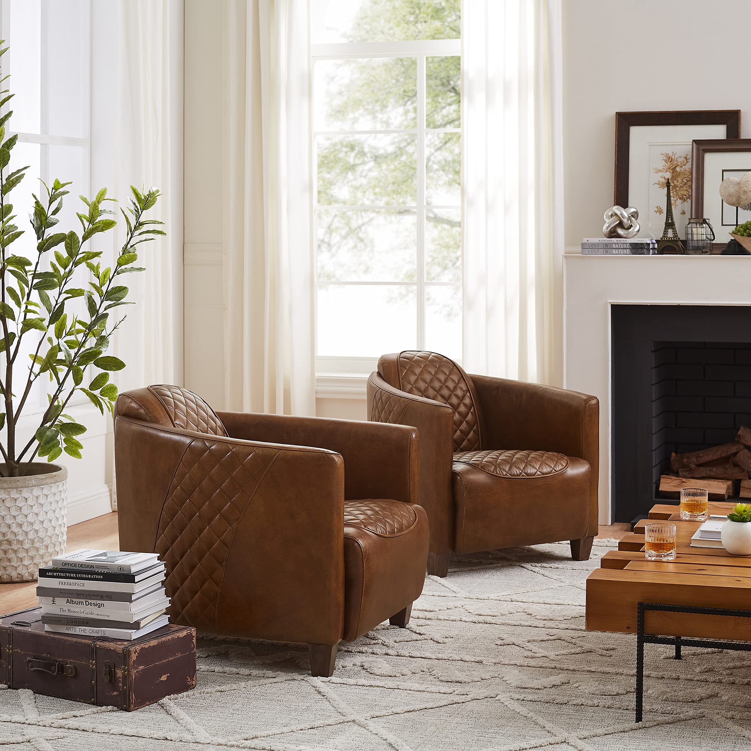 Zouron Genuine Leather Mid-Century Modern Accent Chair - Barrel Style Upholstered Living Room Sofa with Wooden Legs - Single Seater for Bedroom, Home Office & Lounge Areas - Cognac Brown (1 Piece) - Perfect for Reading Nooks, Cozy Corners & Contemporary Decor