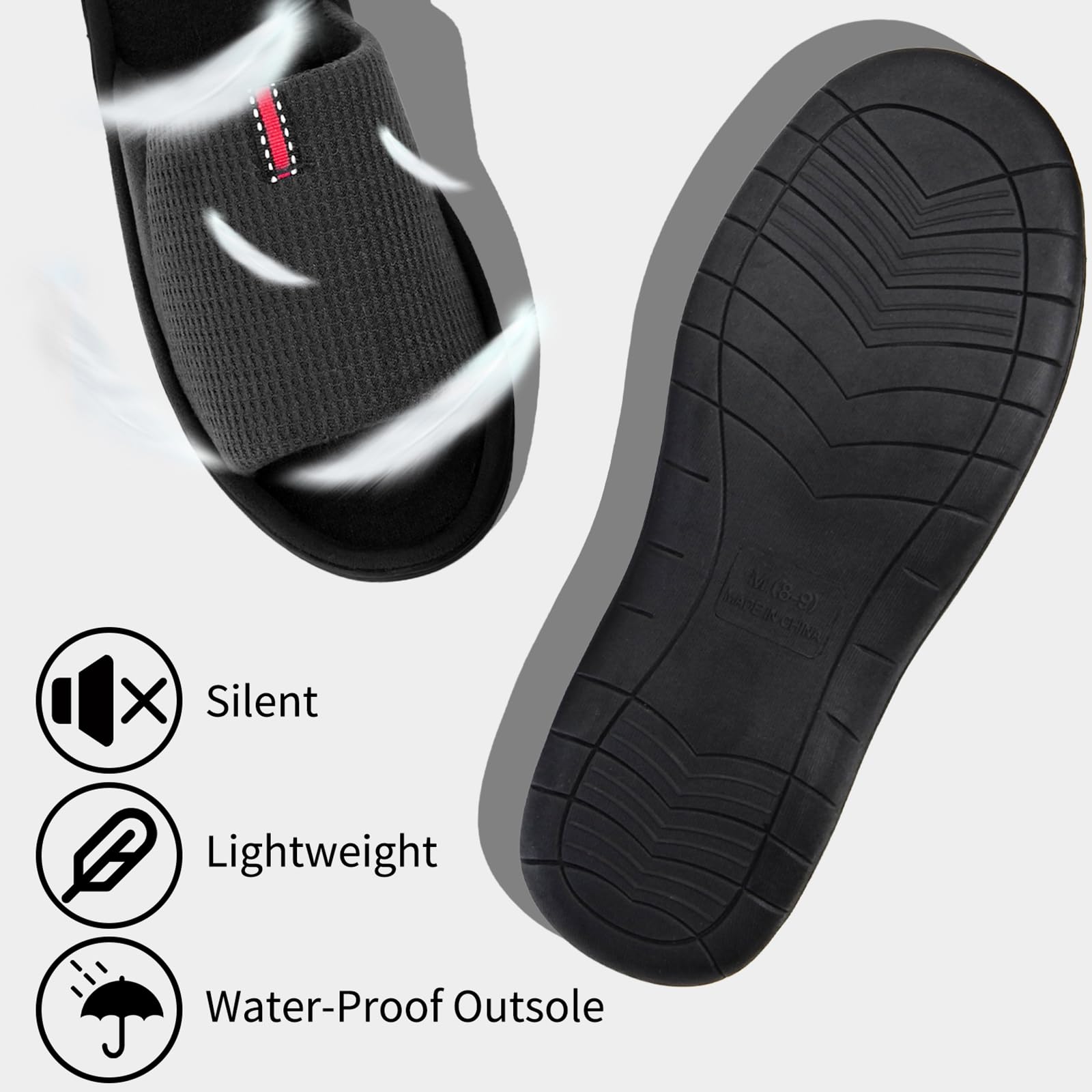 WALKFUN Men's Lightweight Open-Toe House Slippers - Soft Memory Foam Indoor Slides Sandals for Bedroom, Patio & Lounge - Comfortable All-Season Slippers for Relaxation at Home