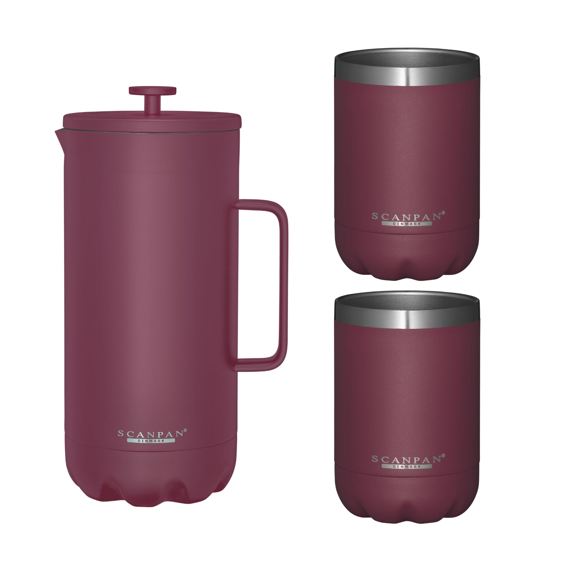 Scanpan TO GO French Press Coffee Maker 1.0L with 2 Vacuum Insulated Cups - 18/8 Stainless Steel Travel Coffee Set, Dishwasher Safe & Scratch-Resistant - Perfect for Camping, Office & Outdoor Adventures (Persian Red)