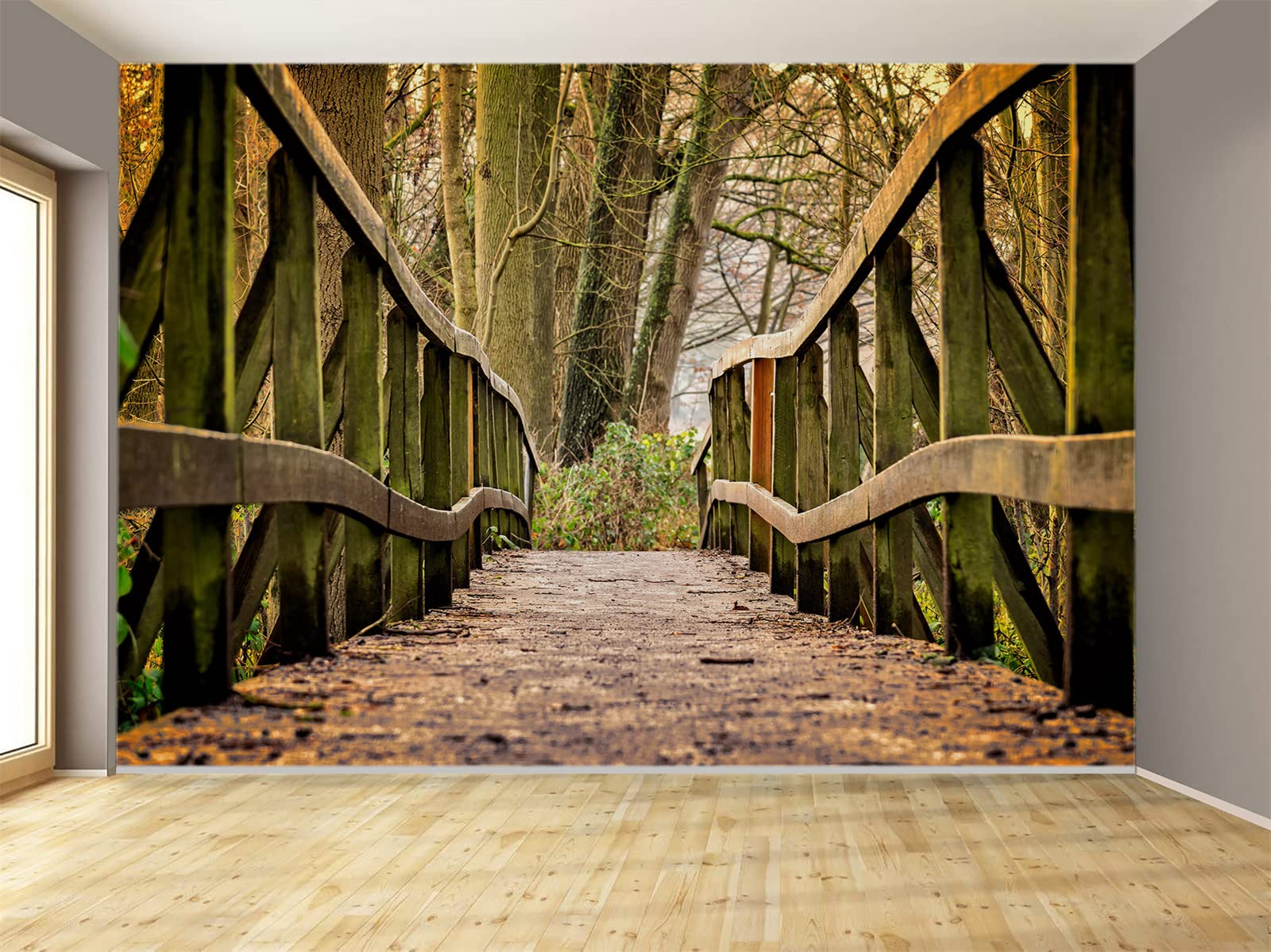 3D Green Wooden Bridge Wall Mural - Natural Landscape Tree Wallpaper - Large Removable Wall Sticker for Living Room, Bedroom, Office & Kids Room Decor (144