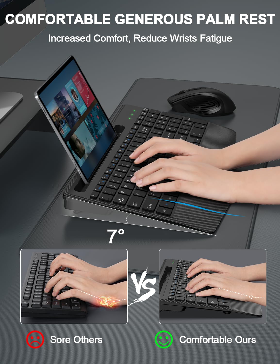 Ergonomic Wireless Keyboard and Mouse Combo with Wrist Rest - 2.4G Rechargeable Silent Cordless Set for Windows Mac PC Laptop - Includes Phone Holder & Sleep Mode (Black) | Perfect for Home Office, Gaming, and Remote Work