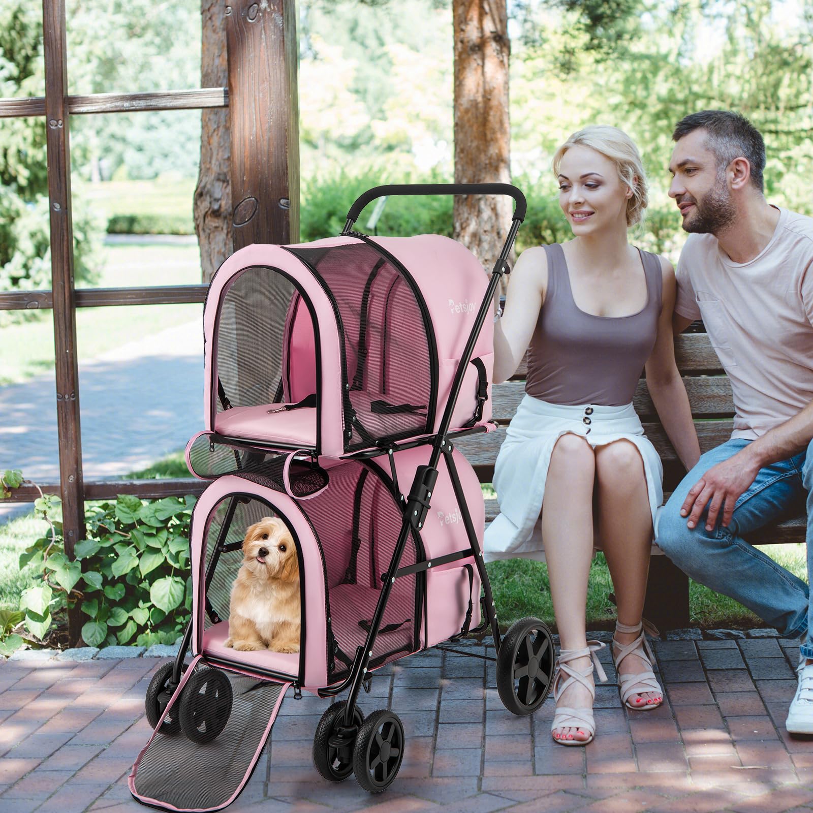 PETSITE Double Dog Stroller - Foldable Pet Carrier for 2 Small/Medium Dogs & Cats with Detachable Wheels - Jogger Stroller Crate for Car Seat, Walking, Camping & Travel - Ideal for Park Visits, Vet Trips & Outdoor Adventures (Pink)