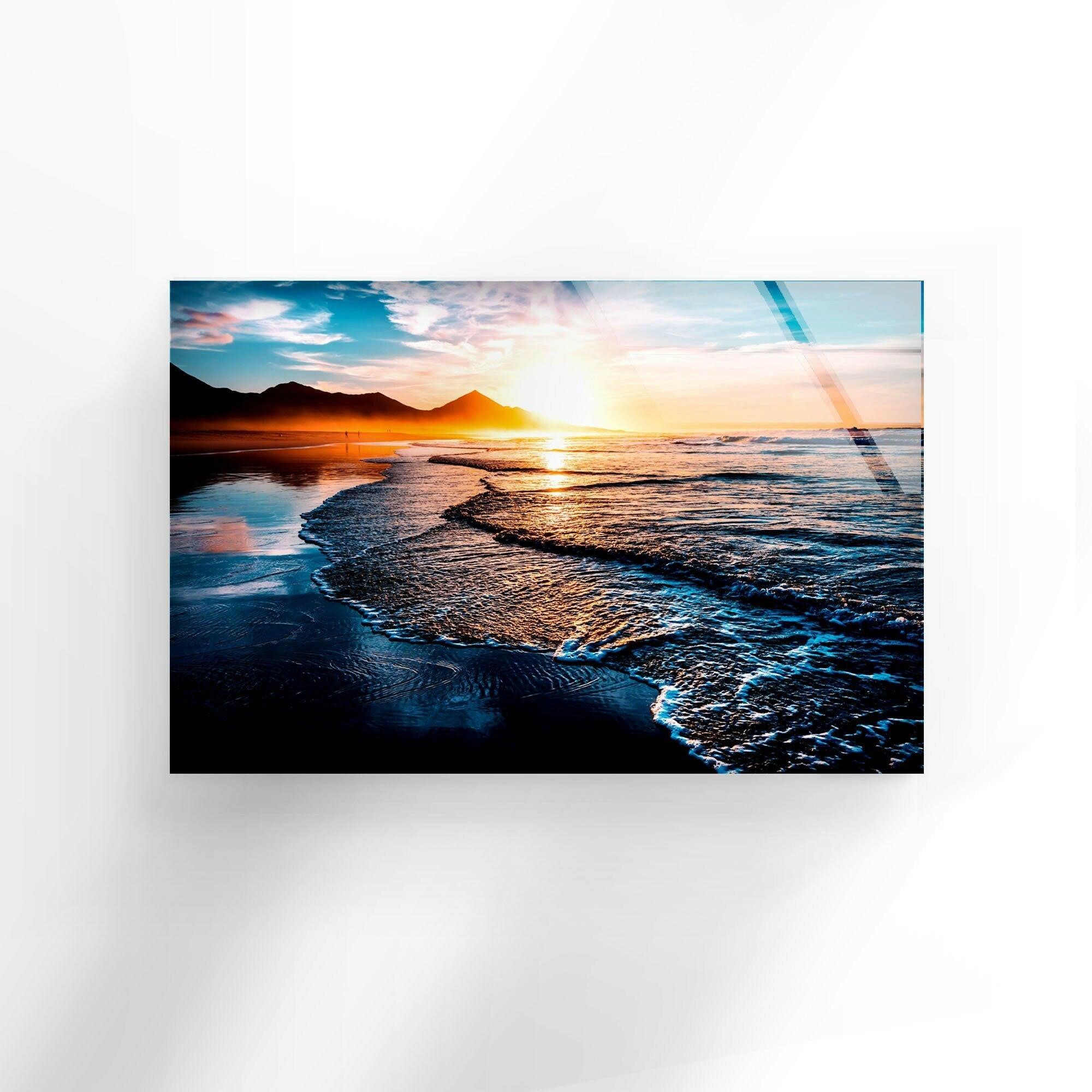 Sunset Beach & Ocean Waves Glass Wall Art - Coastal Home Decor for Living Room, Bedroom, or Office