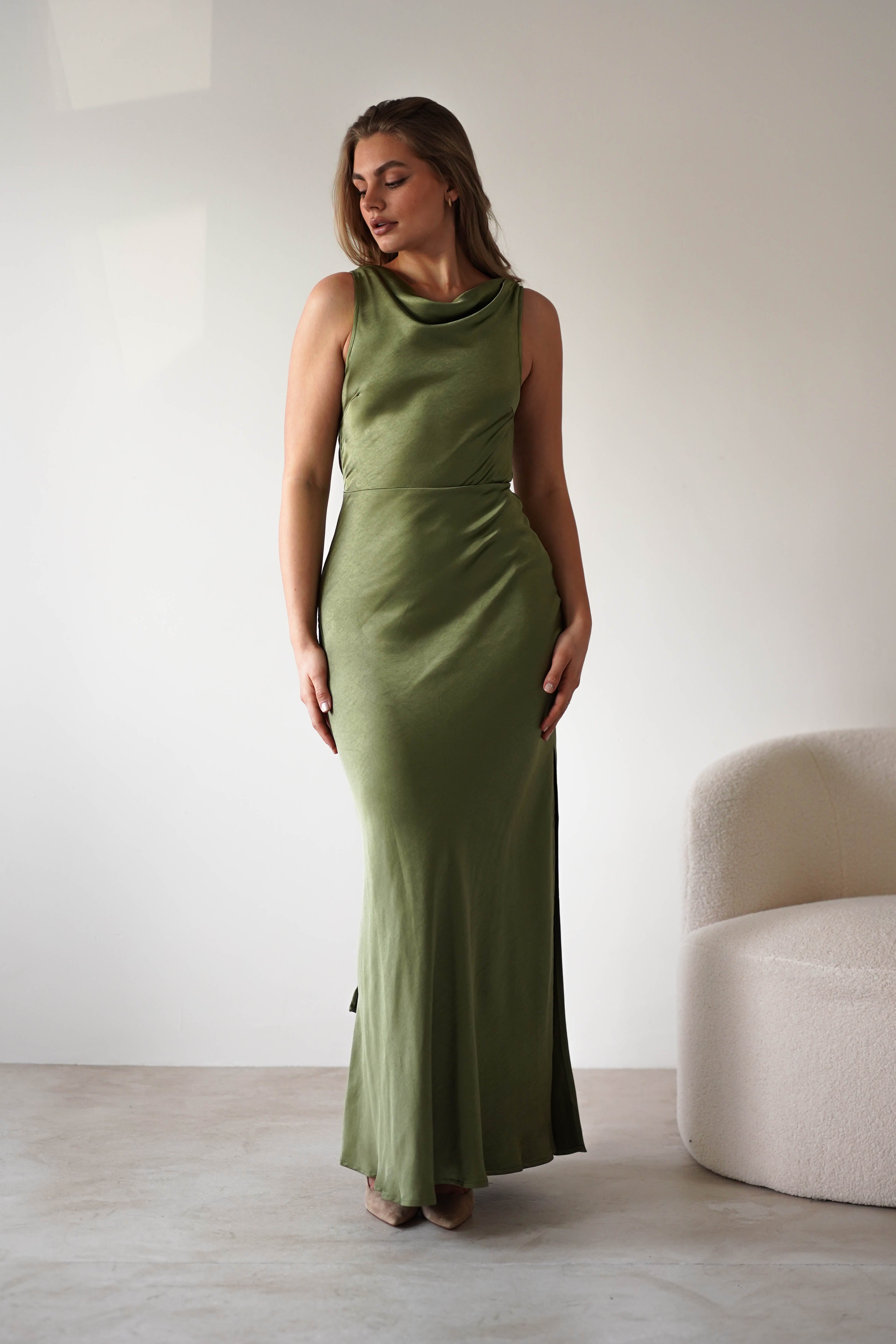 Darlee Women's Olive Satin Tie Back Maxi Dress - Elegant Long Formal Evening Gown for Weddings, Parties & Special Occasions