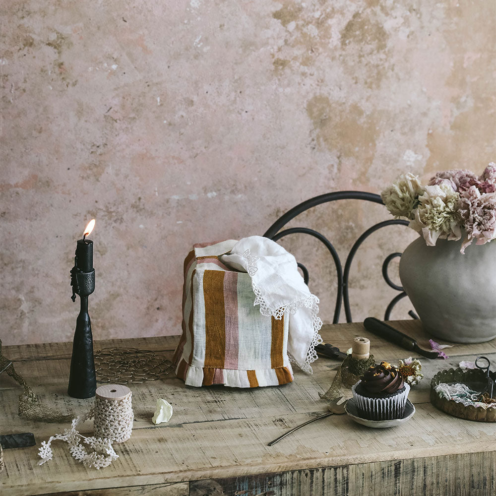 Premium Linen Tissue Box Cover - Ochre & Blush Color - Elegant Home Decor for Living Room, Bedroom, or Bathroom