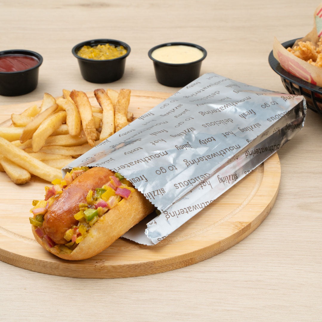 Eco-Friendly Small Hot Dog Foil Bags - 3 3/4 x 1 1/4 x 9 Inches, 100 Count Box - Perfect for Food Trucks, Concession Stands & Party Snacks