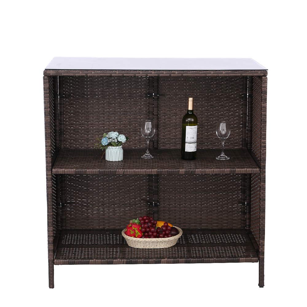 3PCS Outdoor Patio Bar Set with Stools & Glass Top Table - Beige Wicker Furniture with Removable Cushions for Backyard, Porch, Garden, Poolside - Perfect for Outdoor Entertaining & Relaxation