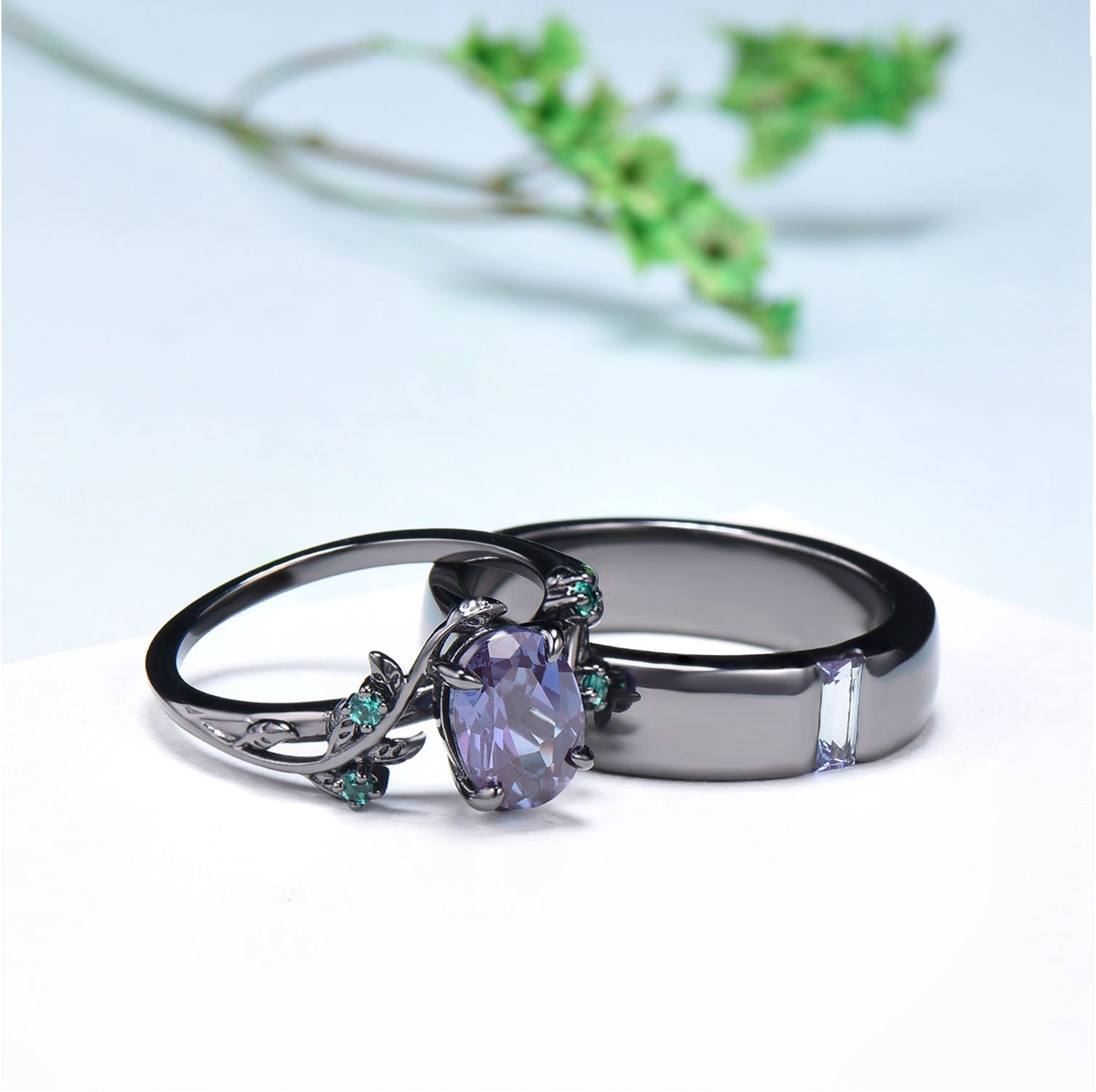 14K Black Gold Alexandrite Couples Ring Set - His & Hers Wedding Bands, Twig Design Engagement Rings for Men & Women - Nature Inspired Promise Gift for Anniversaries, Proposals & Romantic Occasions