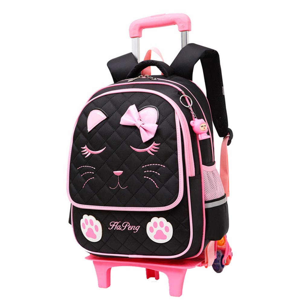 Cute Rolling Backpack for Girls - Cat Face Bowknot Trolley School Bag with 6 Wheels, Kids Travel Luggage for School, Airplane & Daily Use