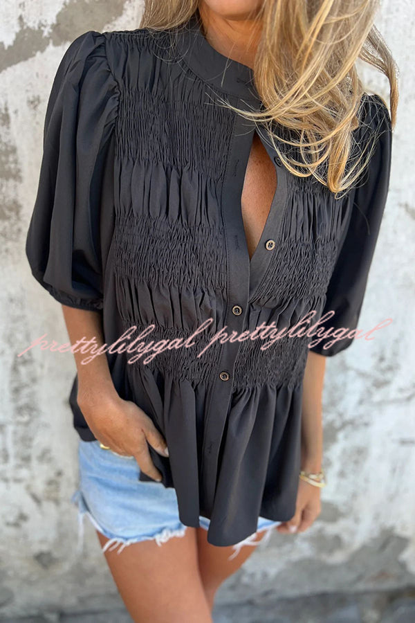 Solid Color Round Neck Button Pleated Short Sleeve Casual Shirt for Women - Summer Office Wear & Weekend Outfits