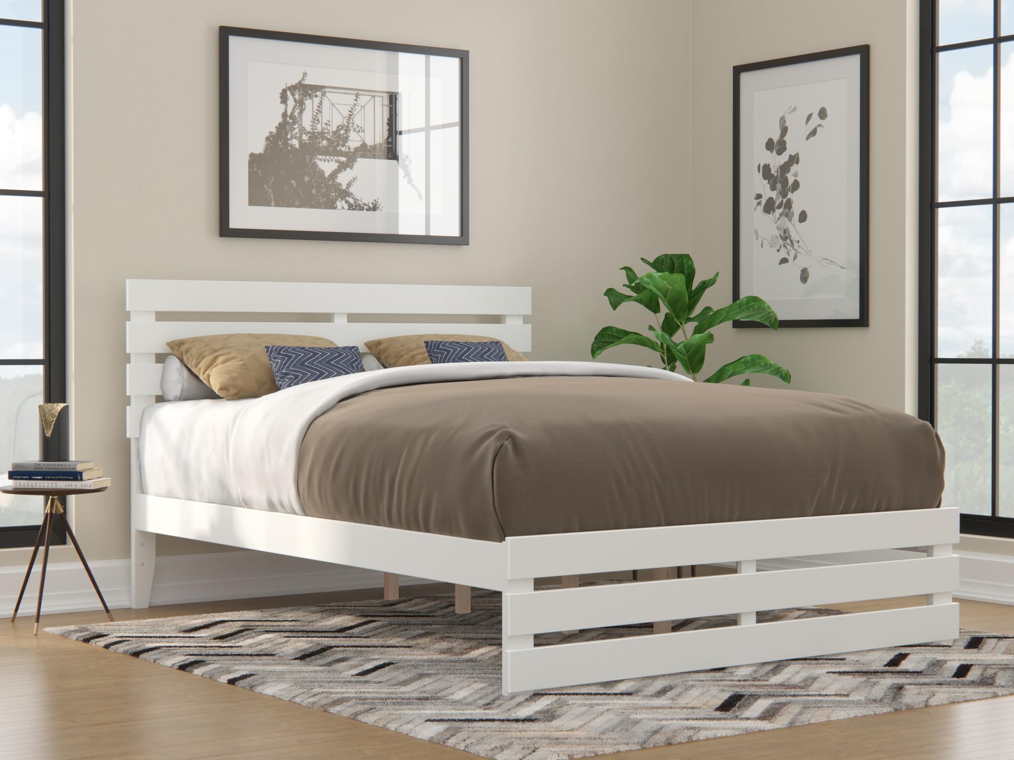 AFI Oxford Queen Size Platform Bed with Footboard & USB Charging Station - Modern White Wooden Bed Frame for Bedroom, Dorm, Guest Room - Sturdy Support & Convenient Charging