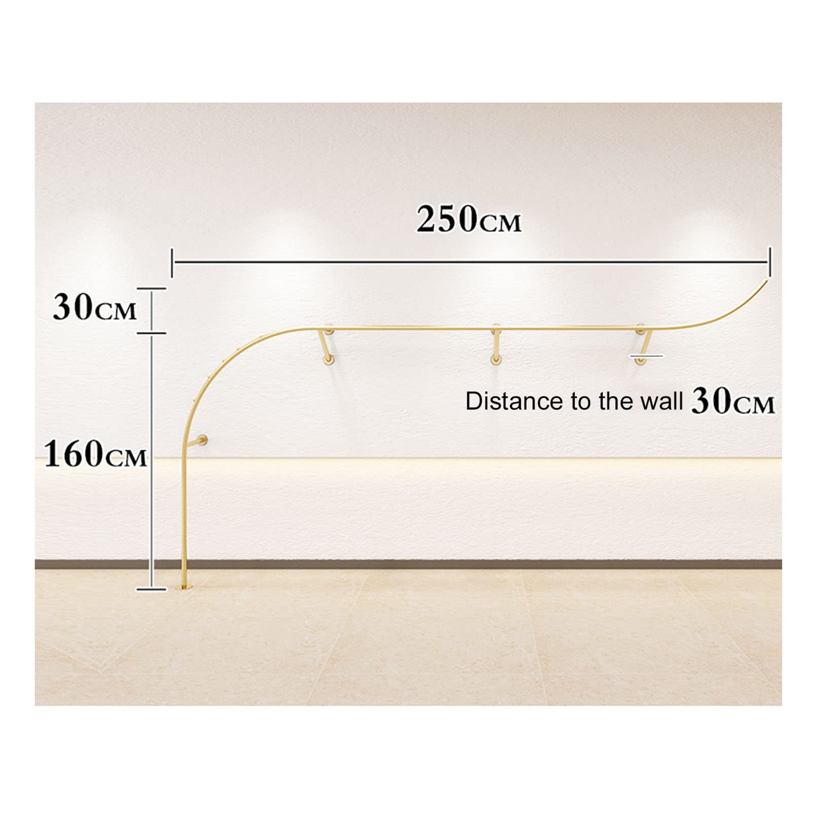 Gold Industrial Pipe Wall-Mounted Clothing Rack - Modern Boutique Display Shelf with 250cm Closet Rod for Home Cloakroom & Retail Store Organization | Perfect for Bedroom, Walk-In Closet, and Storefront Garment Display