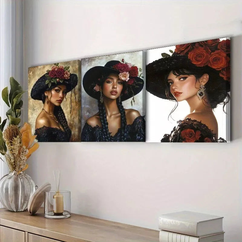 3-Piece Black Sombrero Woman Wall Art Set - Framed Canvas Prints 50x70cm | High Quality Australian Made | Ready to Hang | Perfect for Living Room, Bedroom & Office Decor