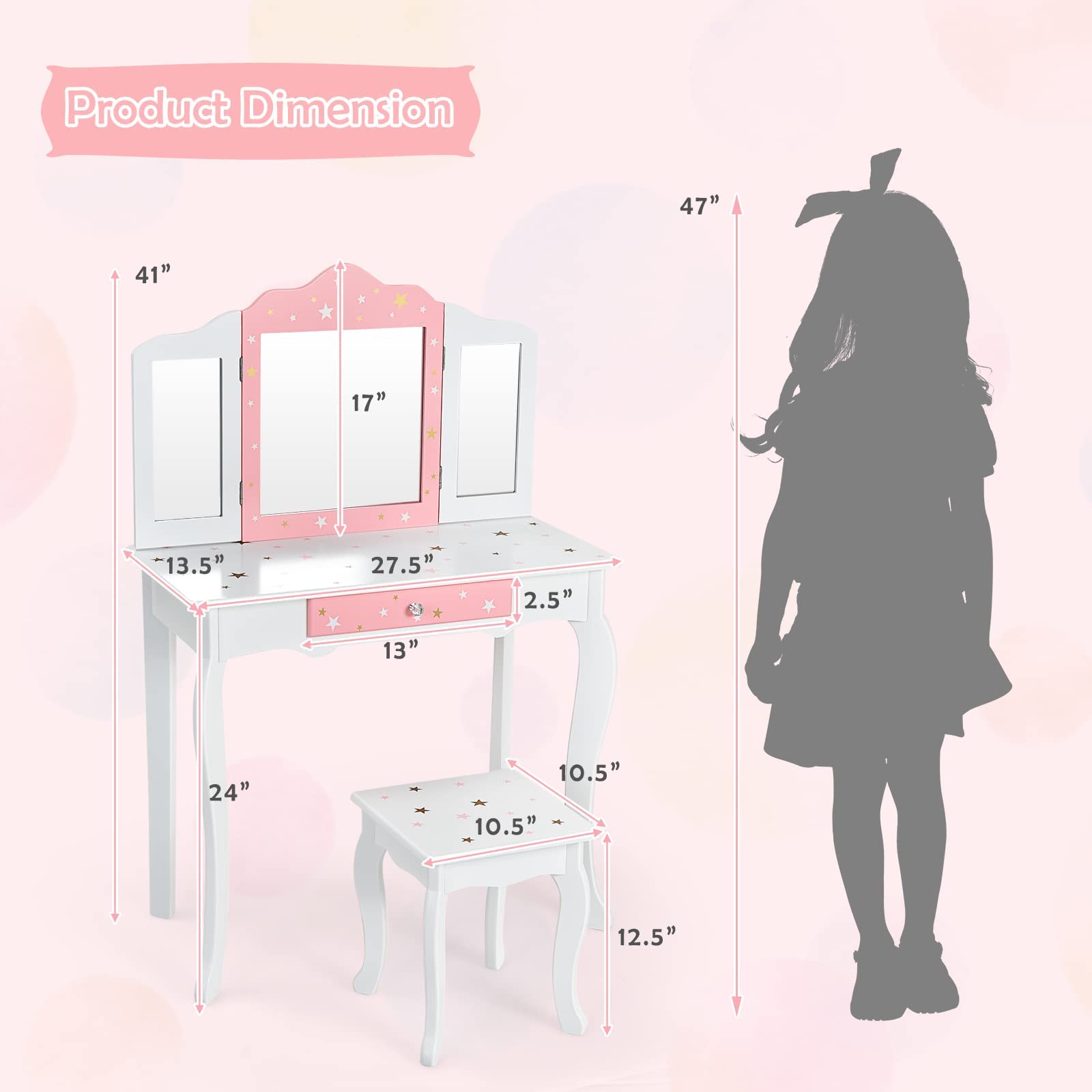 HONEY JOY Kids Vanity Set - Wooden Princess Makeup Dressing Table with Stool, Drawer & Tri-Folding Mirror | Detachable Top for Easy Storage | Pretend Play Toy for Little Girls (White) | Perfect for Bedroom, Playroom & Birthday Gifts