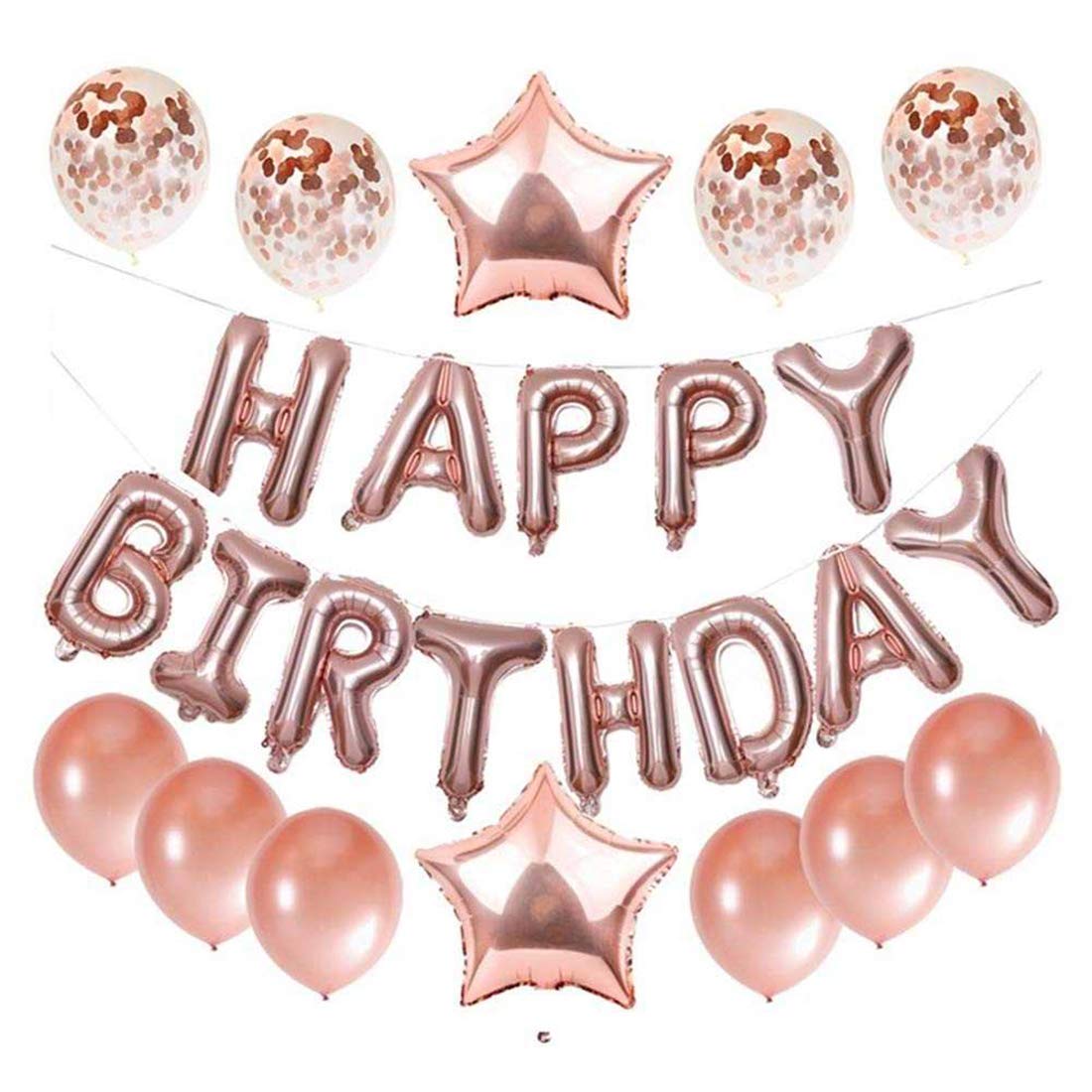 16 Inch Happy Birthday Balloons Decorations Set - 13 Letter Balloons, 2 Giant Star Foil Balloons, 4 Confetti Balloons, 6 Latex Balloons (Rose Gold) | Party Decor, Baby Shower, Anniversary Celebration, Wedding Backdrop, Photo Booth Props
