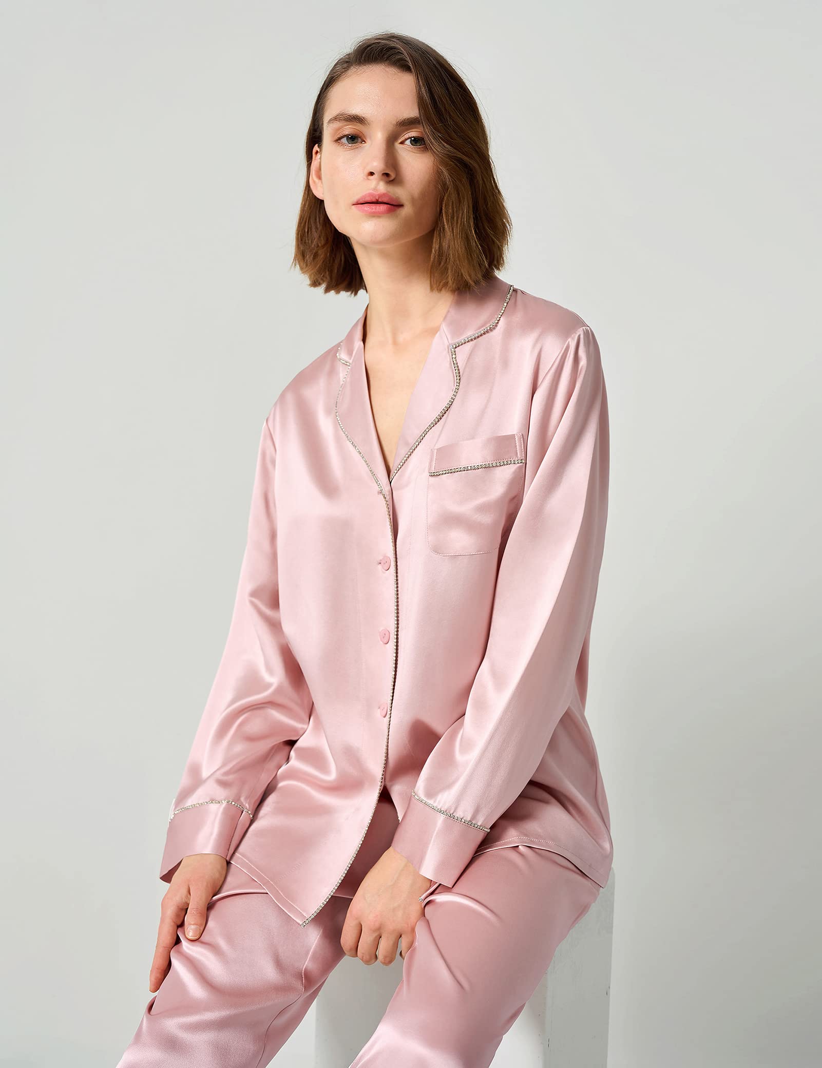 Luxury 100% Pure Silk Pajama Set for Women - Rhinestone Trimmed Long Sleeve Sleepwear & Loungewear | Perfect for Relaxing at Home, Spa Nights & Gift Giving