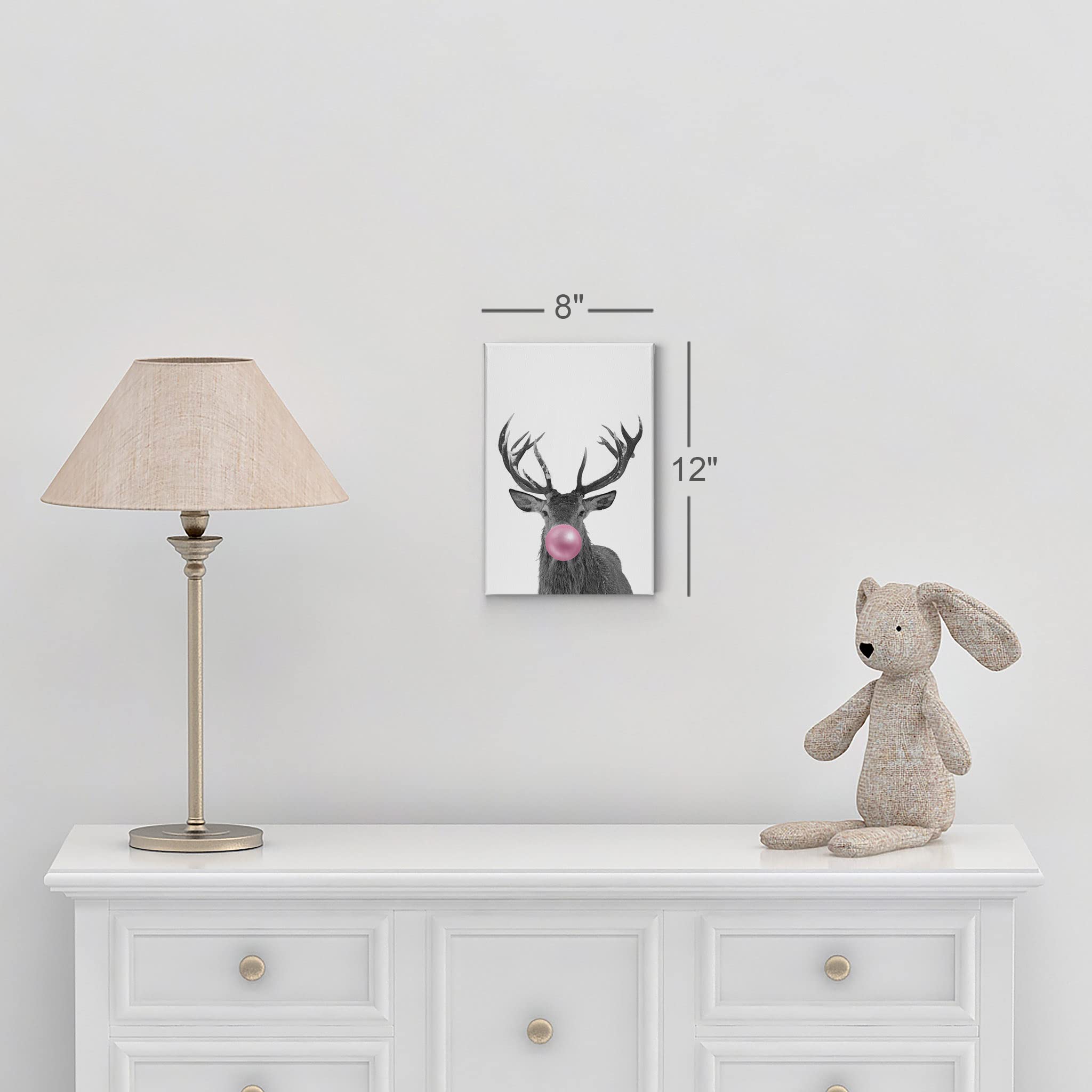 Smile Art Design Reindeer Animal Decor Bubble Gum Art Pink Canvas Print - Black and White Wall Art for Kids, Nursery Room Decor - Made in USA (40x30 Inches, Rolled) - Perfect for Baby Showers, Children's Bedrooms & Playrooms