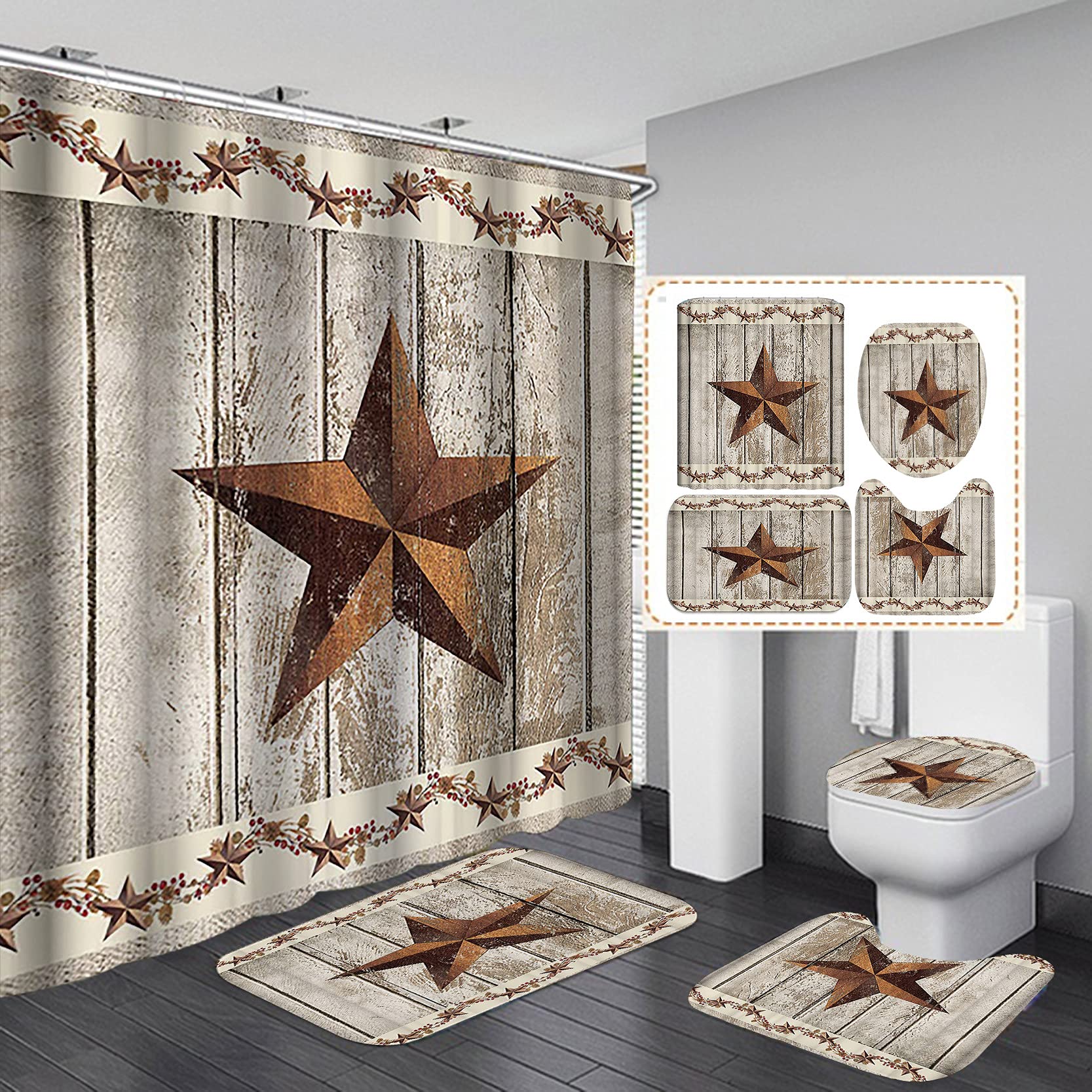 4PCS Vintage Western Texas Star Shower Curtain Set - Rustic Farmhouse Bathroom Decor with Non-Slip Bath Rugs, Retro Berry Vine Wooden Plank Design for Country Style Homes - Perfect for Farmhouse, Cottage & Western Themed Bathrooms
