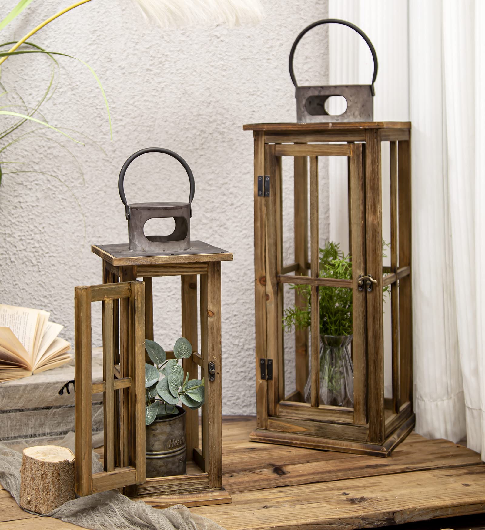 TIMRIS Large Farmhouse Wooden Metal Lantern Set of 2 - Rustic Decorative Floor Candle Lanterns for Indoor/Outdoor - Vintage Distressed Hanging Lanterns for Home Décor, Porch, Garden, Patio (No Glass Included)