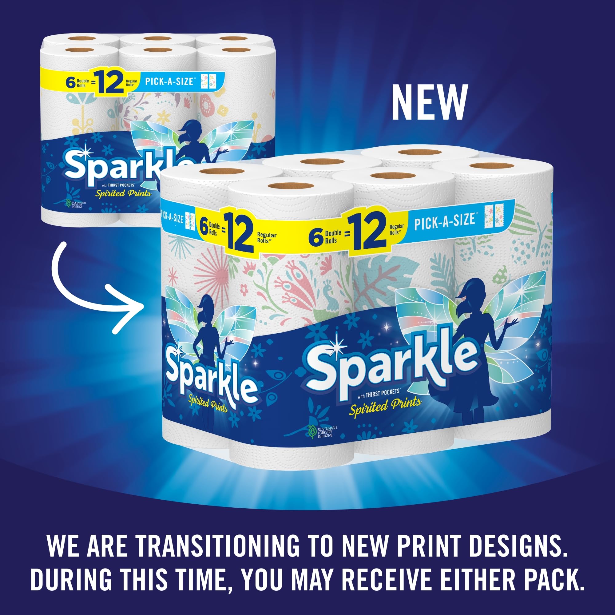 Sparkle Pick-A-Size Paper Towels | Spirited Prints | 6 Double Rolls (12 Regular Rolls) | Everyday Value with Full & Half Sheets | Perfect for Kitchen Cleaning, Spill Absorption & Household Use