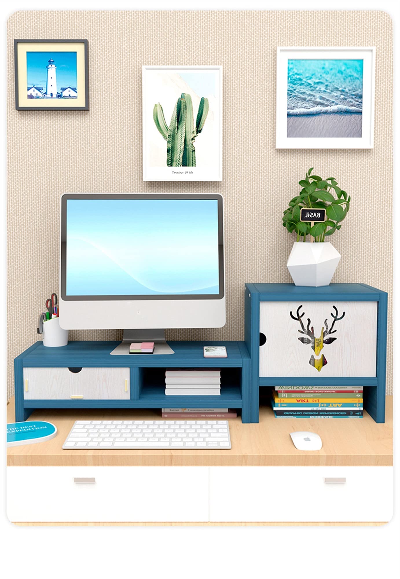 Premium Bamboo Monitor Stand with 4 Drawers - Adjustable 2-Tier Ergonomic Laptop Riser & Storage Organizer | Perfect for Home Office Desk Setup, Computer Accessories & Workspace Organization