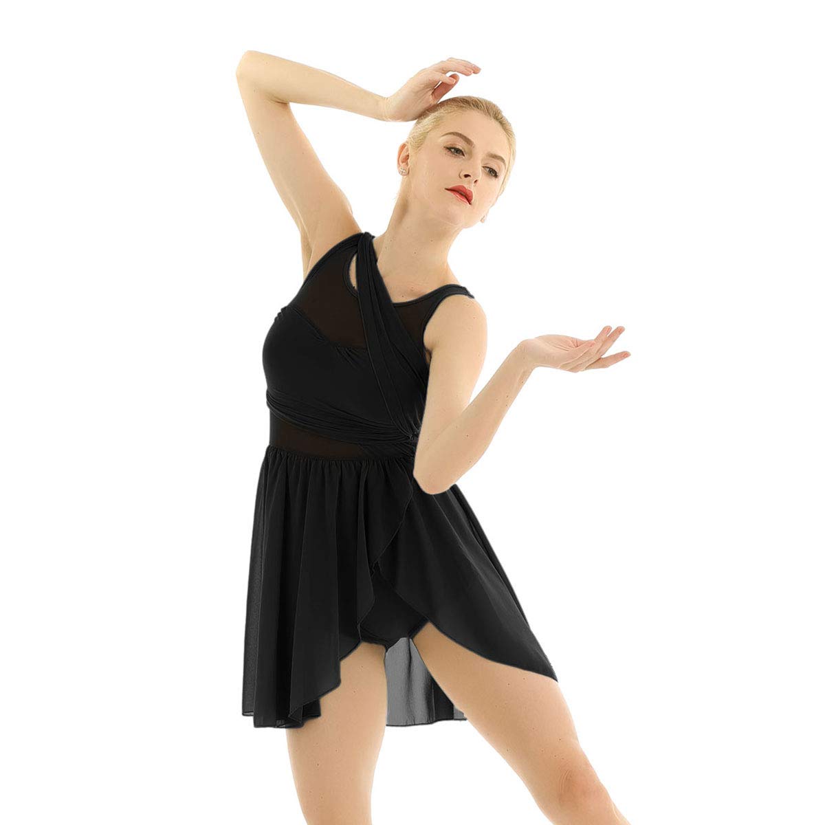 Elegant Women's Contemporary Dance Costume - V-Neck Chiffon Asymmetric Skirted Leotard Dress for Lyrical & Modern Dance Performance