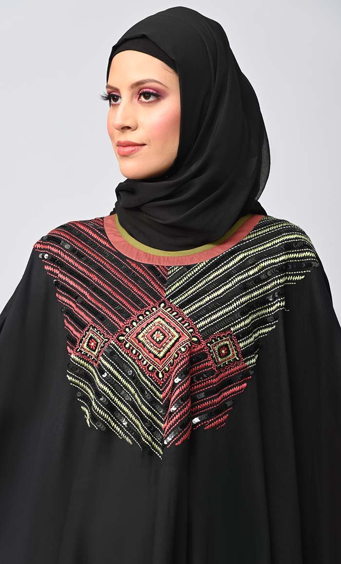 Elegant Black Islamic Abaya with Sequins Detailing - Kaftan Style Long Dress for Women - Perfect for Prayer, Eid, Wedding, and Special Occasions