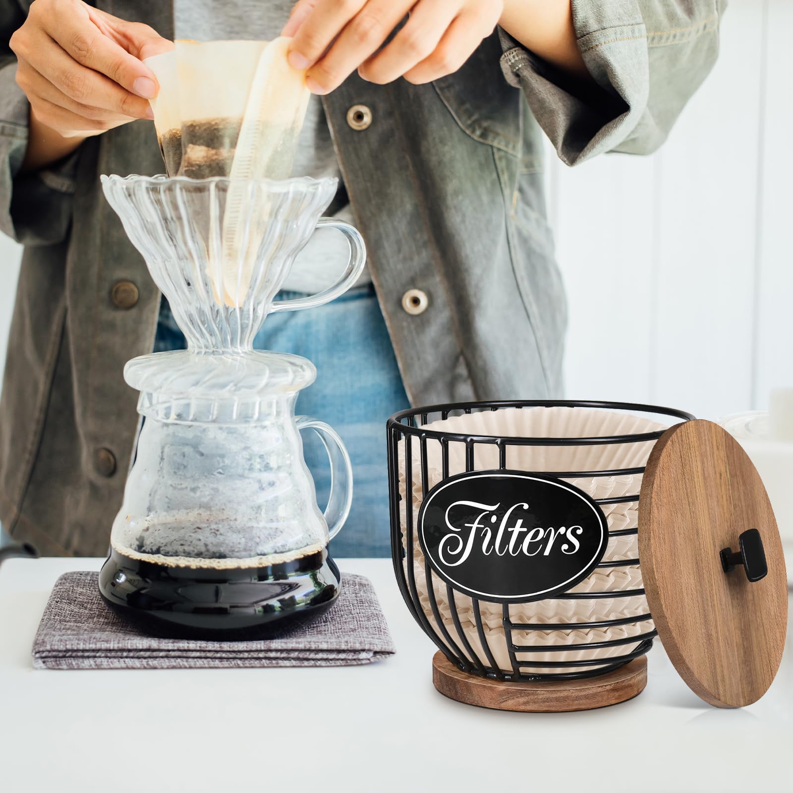 Rustic Coffee Pod Holder Organizer - Black Wire with Wood Base for Keurig K-Cups & Nespresso Capsules - Coffee Bar Accessories & Decor - Perfect for Kitchen Countertop & Coffee Station Organization