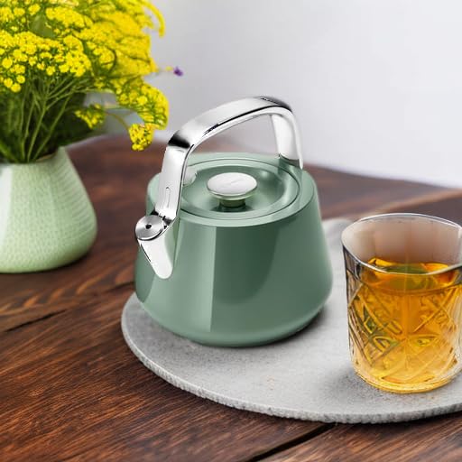 Caraway 2 Quart Whistling Tea Kettle - Stainless Steel Stovetop Tea Pot with Fast Boiling & Non-Toxic Design (PTFE & PFOA Free) - Includes Heat-Resistant Pot Holder - Perfect for Home, Office & Outdoor Use - Sage Green