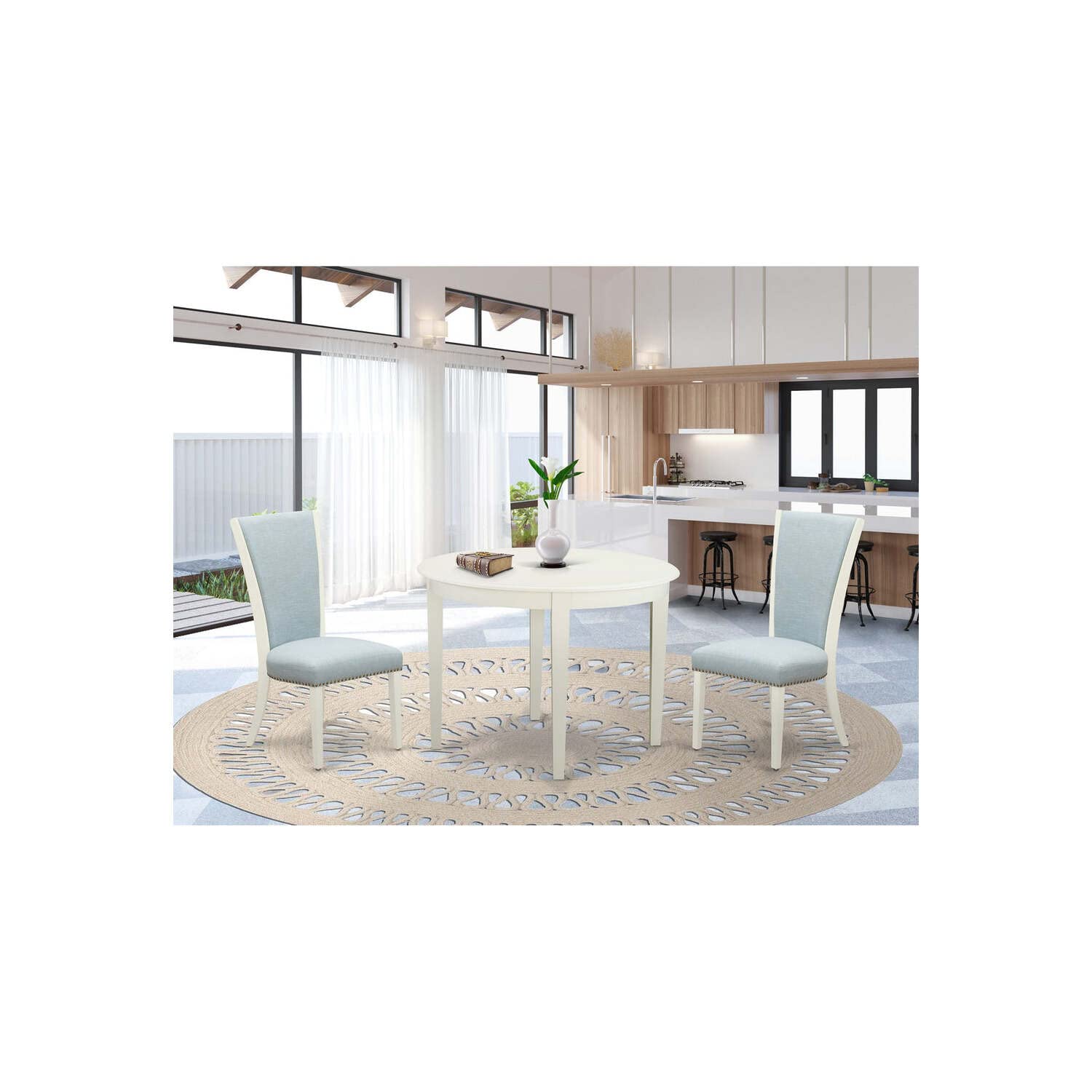 East West Furniture 5-Piece Dining Table Set - Round White Parsons Table with Baby Blue Linen Chairs & Rubberwood Legs - Perfect for Small Spaces, Breakfast Nooks & Cozy Family Dinners