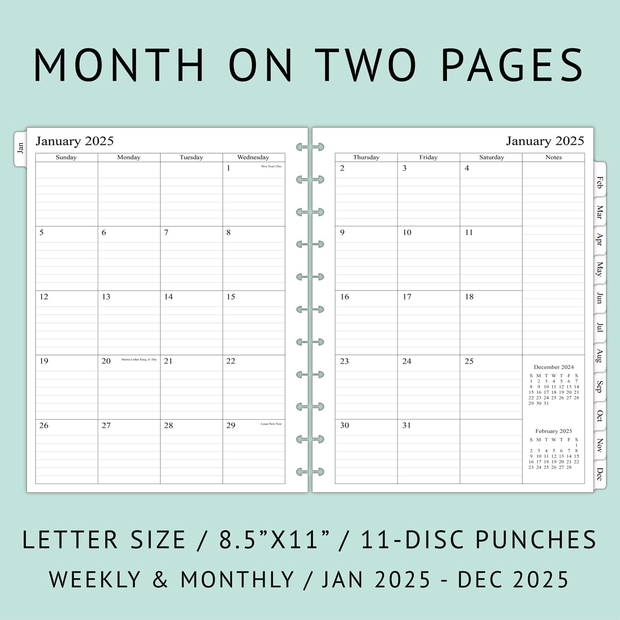 2025 Weekly Planner Refills for 11-Discbound Notebooks - Monthly Tabs, Letter Size 8.5