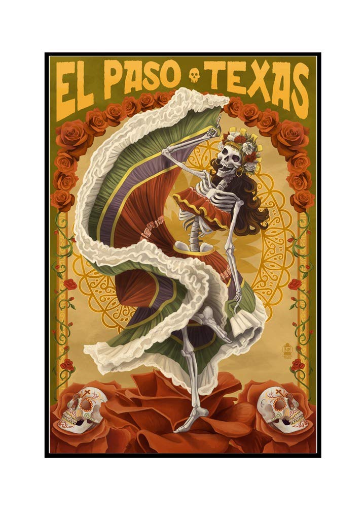Day of the Dead Dancer Art Print - 24x36 Framed Gallery Wrapped Canvas Wall Decor - Mexican Folk Art Home Decor for Living Room, Bedroom & Office