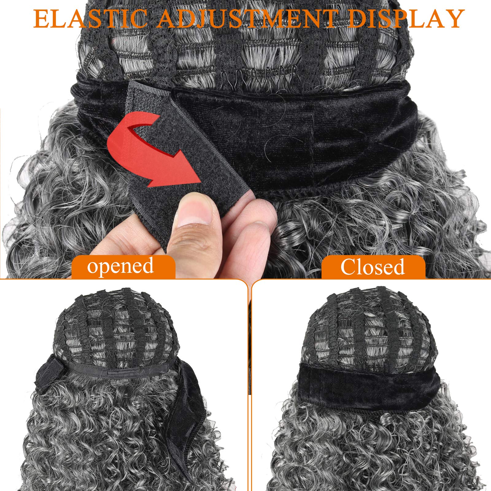 Short Afro Kinky Curly Grey Headband Wig for Black Women - 16inch Synthetic Curly Headband Wig with Attached Scarf (1B/Grey) | Perfect for Daily Wear, Cosplay, and Protective Styling